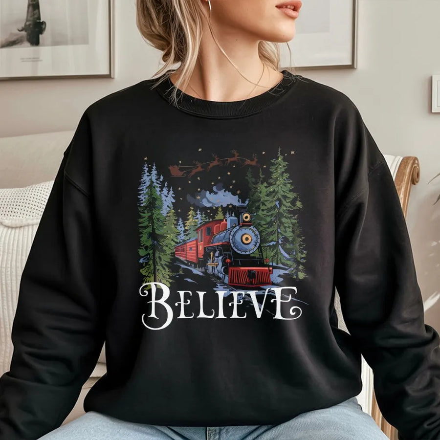 Believe Christmas Train Sweatshirt | Retro Holiday Graphic Sweater | Premium Cotton Blend | Magical Winter Apparel Gift for Adults