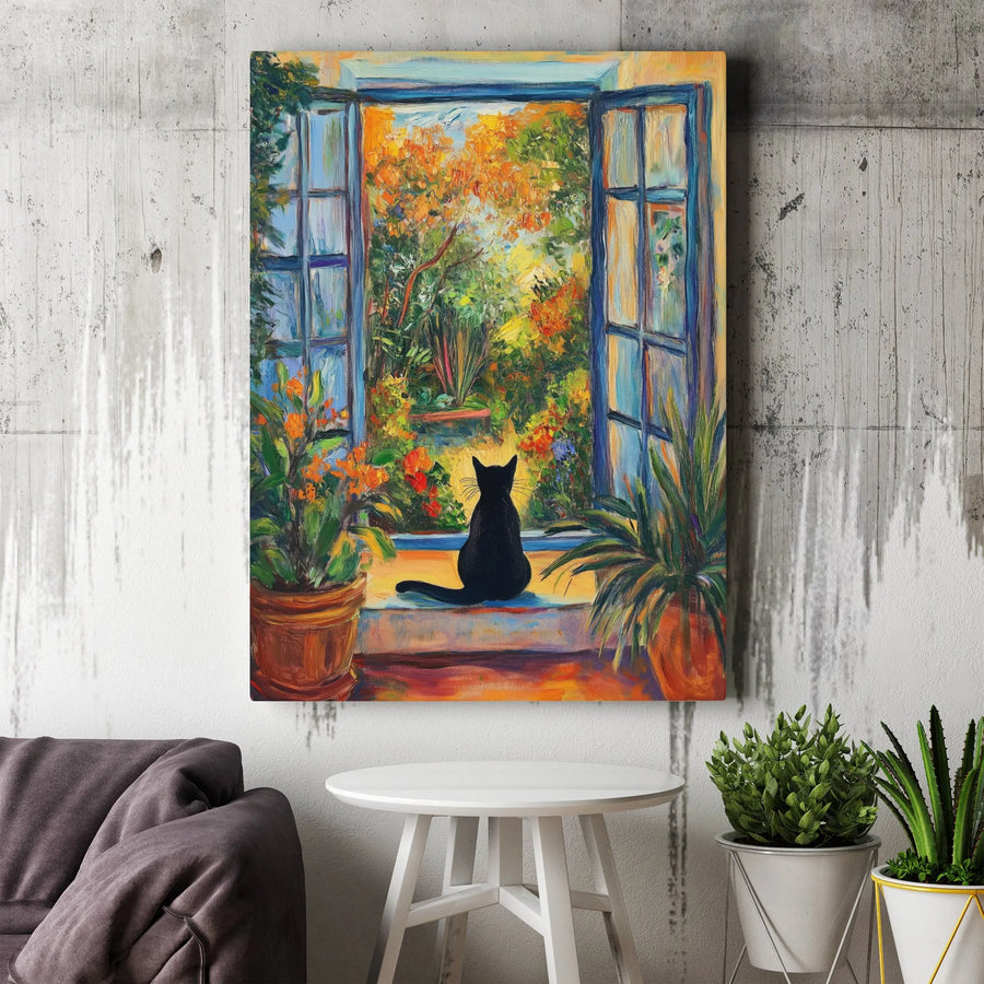 Black Cat Wall Art | Impressionist Window View With Lush Garden | Premium Gallery-Wrapped Canvas Print | Perfect Gift for Cat Lovers & Home Decor