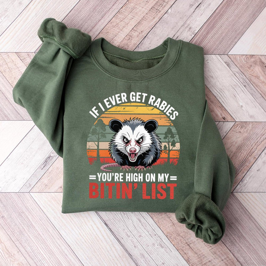 If I Ever Get Rabies Possum Sweatshirt | Retro Sunset Funny Opossum Graphic | Premium Unisex Crewneck | Dark Humor Sarcastic Gift for Animal Lovers
