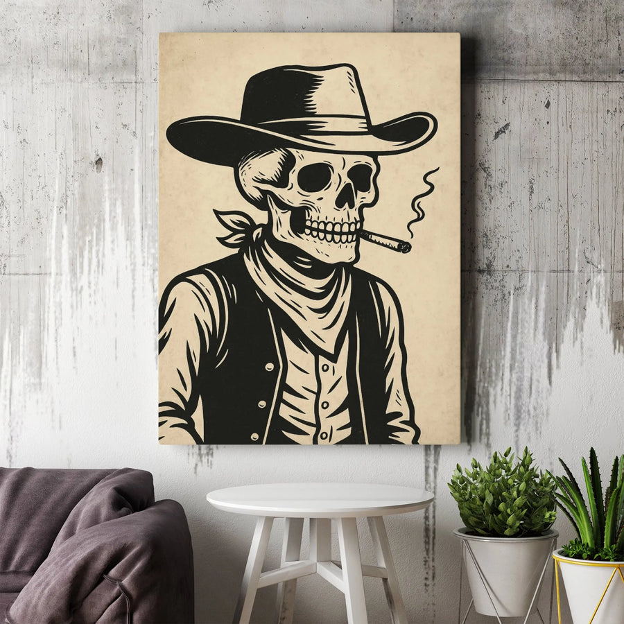 Western Cowboy Skeleton Canvas | Smoking Skull Wall Art | Premium Gallery Wrap Print | Edgy Gothic Home Decor Gift
