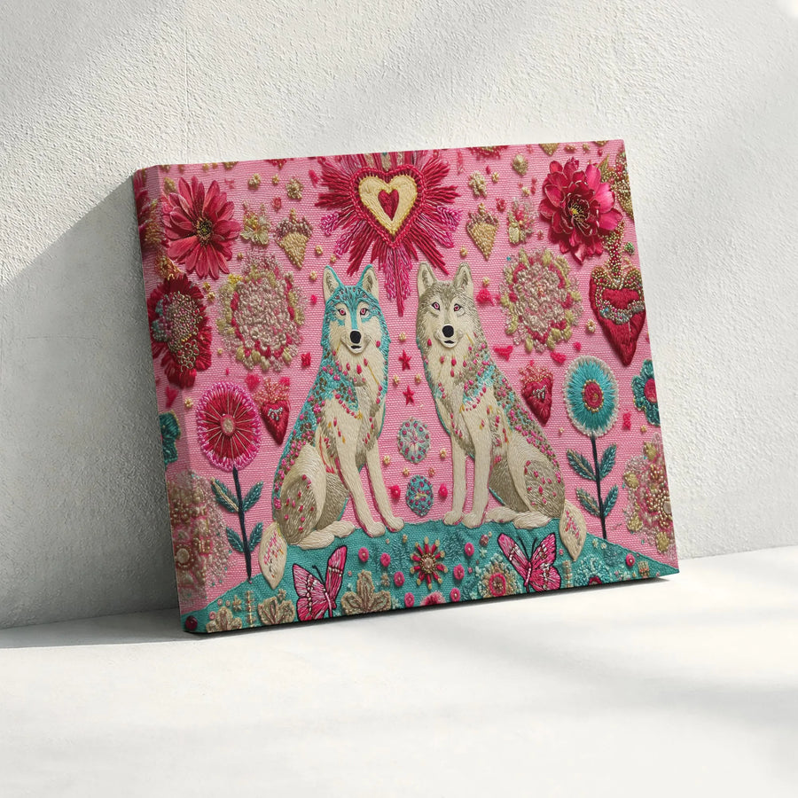 Folk Art Wolf Couple Canvas | Textured Embroidery Style Print with Sacred Heart | Premium 1.25" Thick Gallery Wrap | Eclectic Boho Wall Decor Gift