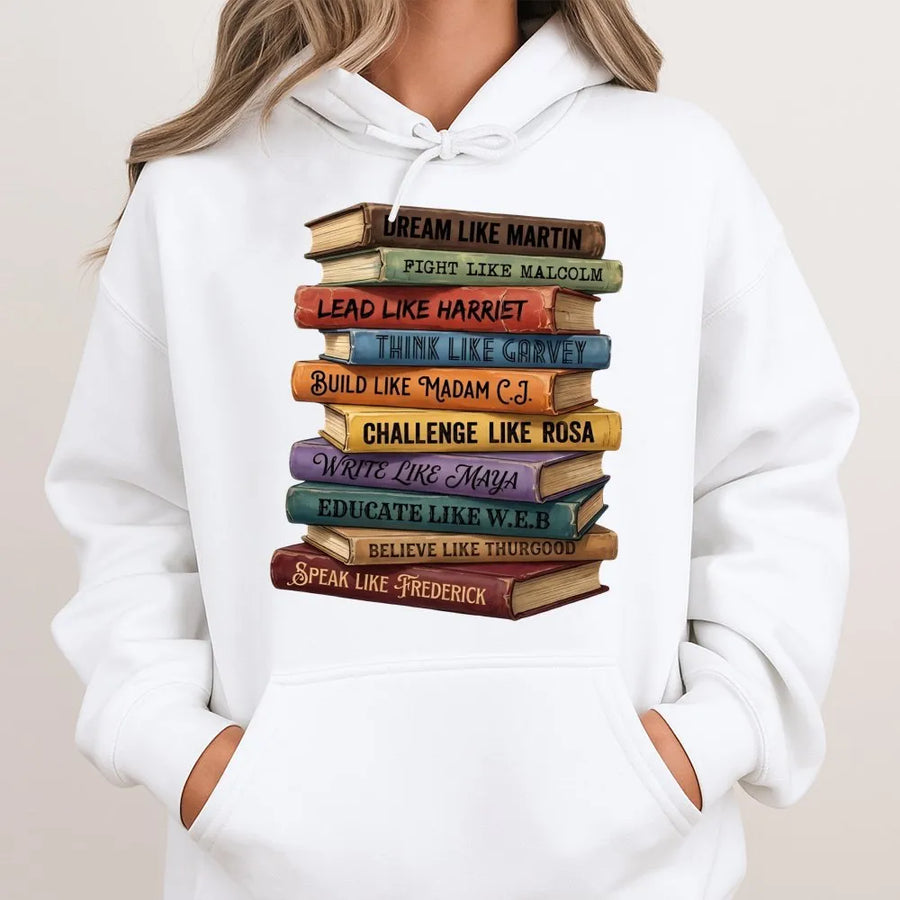 Black History Book Stack Hoodie | Inspirational African American Leaders Graphic | Premium Cotton Blend | Unisex Empowerment Gift For Students & Teachers