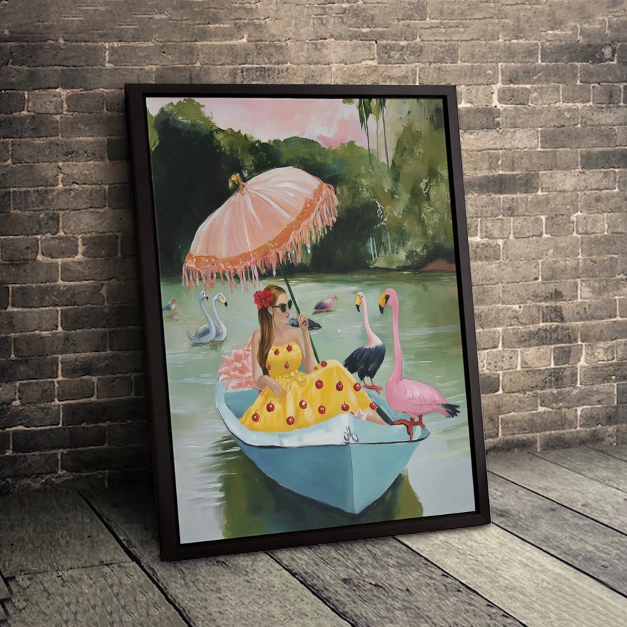 Whimsical Flamingo Boat Canvas Art | Cherry Print Dress Woman Painting | Gallery-Grade Fade-Resistant Print | Vibrant Tropical Wall Decor