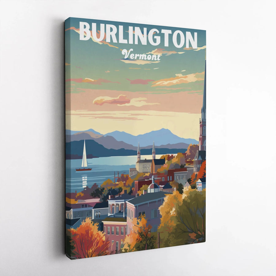 Burlington Vermont Vintage Travel Poster Vertical Canvas | Retro Lake Champlain Autumn Skyline Art | 1.25 Inch Gallery Wrap | Gift for Travelers, New England Home Decor