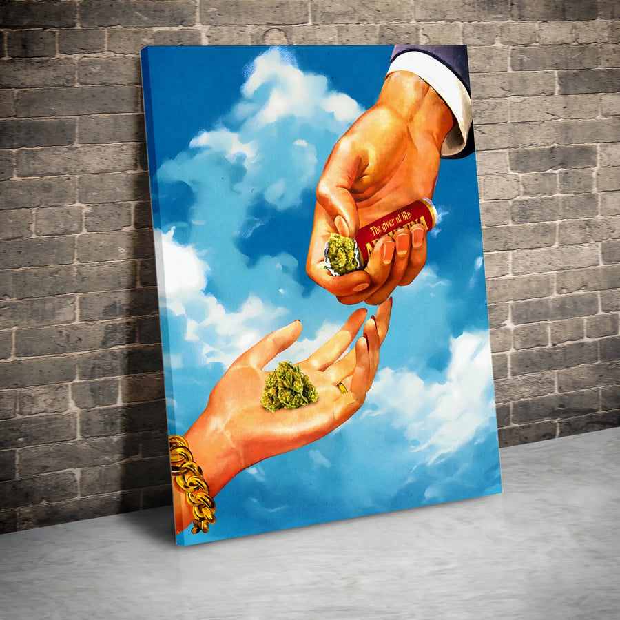 Cannabis Creation Wall Art Canvas | Retro God's Touch Parody Print | Premium Gallery Wrapped Canvas | Unique Stoner Gift for 420 Room Decor