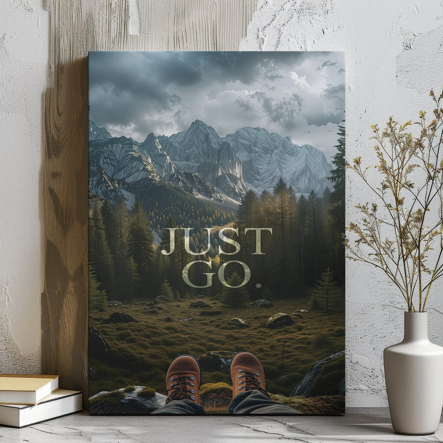 Just Go Mountain Landscape Canvas | POV Hiking Adventure Wall Art | Premium Gallery Wrap Decor | Adventure Gift for Hikers & Nature Lovers