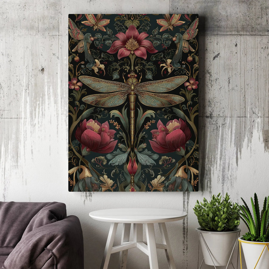 Dragonfly Canvas Wall Art | Art Nouveau Floral Botanical Pattern | Premium Gallery Wrap Print | Elegant Home Office Decor Gift