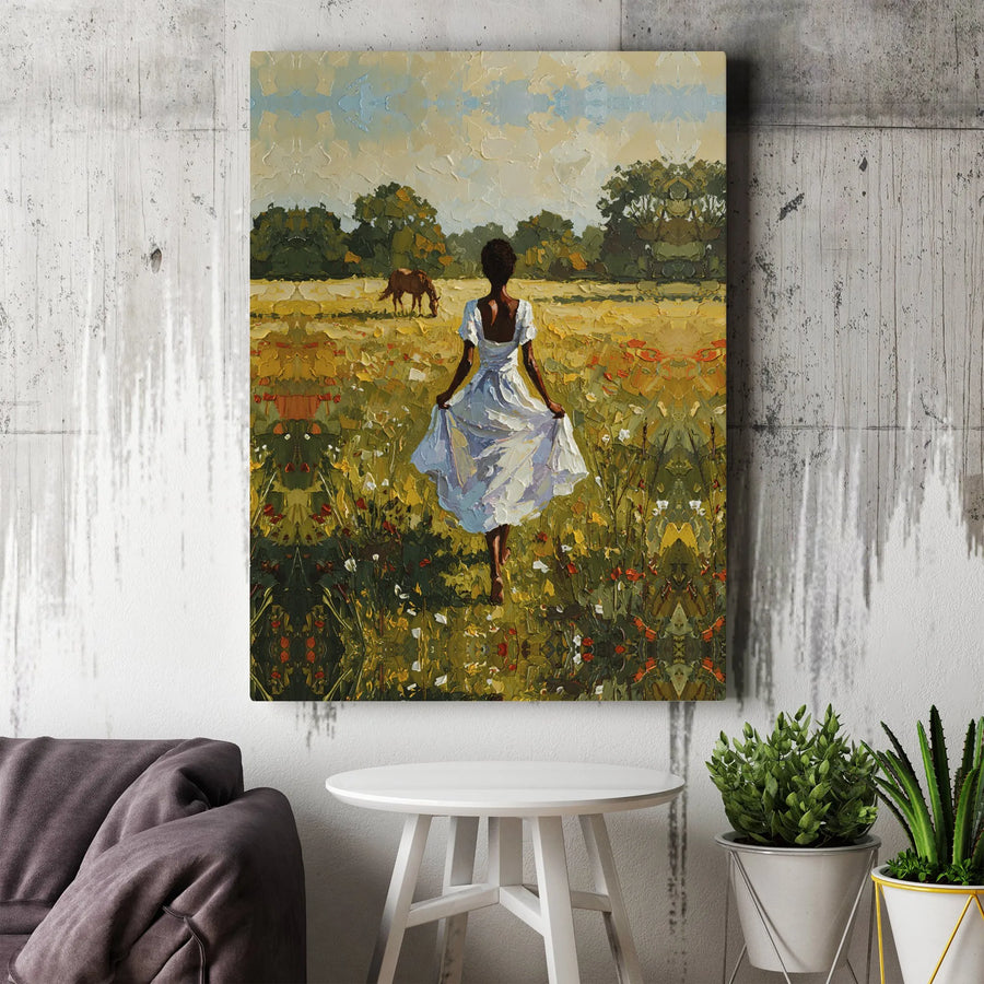 Black Woman Art Canvas Print | Textured Pastoral Scene with Horse | Premium Gallery Wrapped Wall Art | Modern Farmhouse Decor Gift for Her