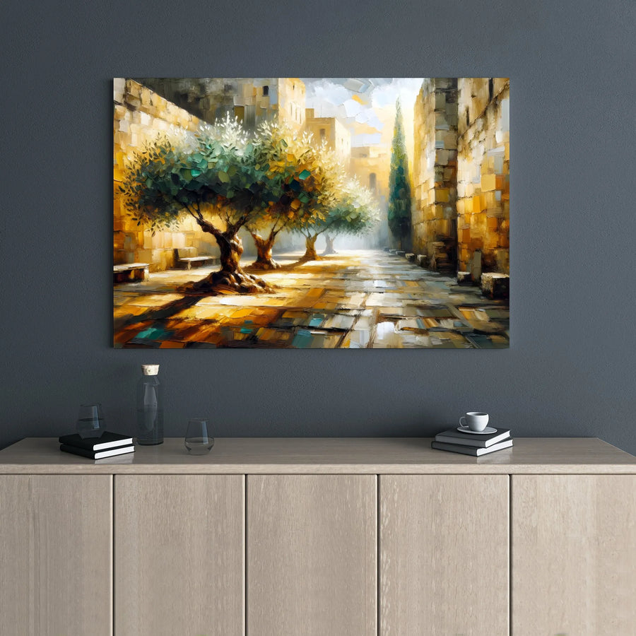 Mediterranean Olive Tree Canvas Wall Art | Sunlit Ancient Stone Alleyway Impressionist Print | Premium 1.25-inch Gallery Wrap | Home Office Decor Gift