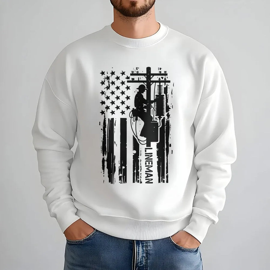 Lineman American Flag Sweatshirt | Distressed Utility Worker Graphic | Premium Cotton Blend | Electrician Gift for Men and Women