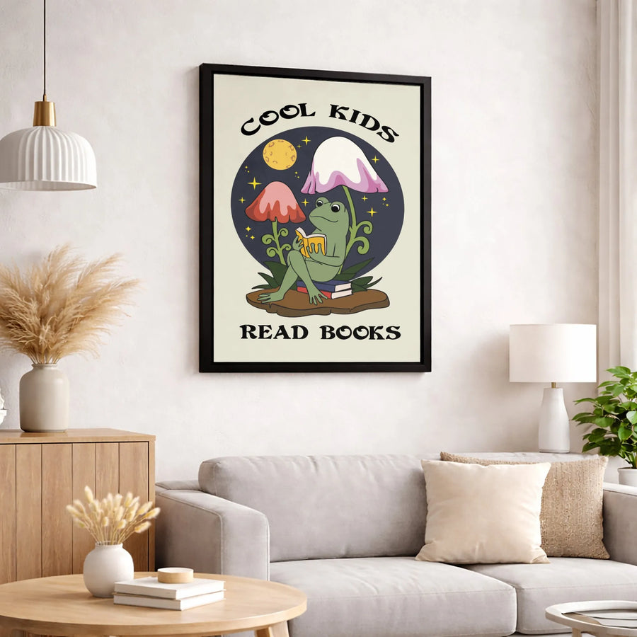 Cool Kids Read Books Frog Canvas Print | Cottagecore Mushroom Aesthetic Wall Art | Premium Gallery-Wrapped Canvas | Whimsical Library Decor Gift