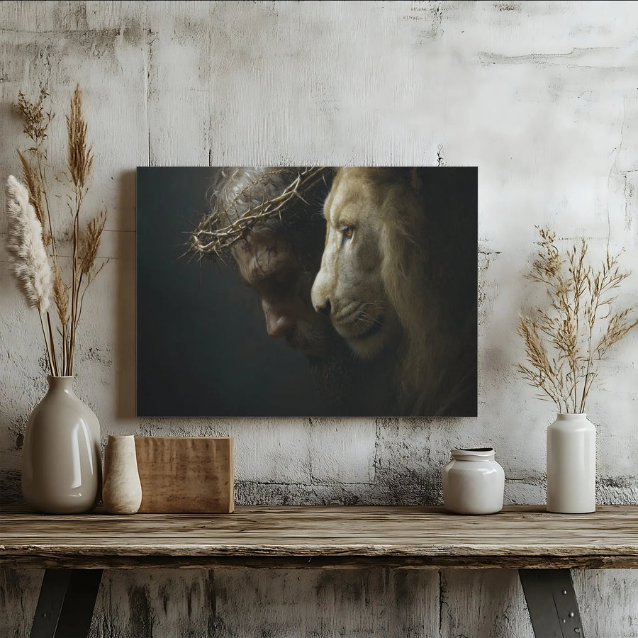 Lion of Judah Canvas Wall Art | Jesus with Crown of Thorns Portrait | Premium Gallery Wrap Canvas | Christian Home Decor Gift for Believers