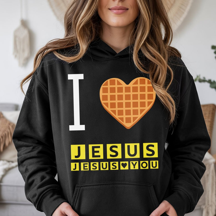 I Love Jesus Waffle Hoodie | Christian Faith Graphic Apparel | Premium Cotton-Blend Pullover | Religious Gift for Men and Women