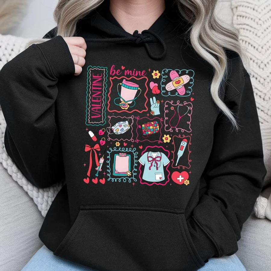 Nurse Valentine Hoodie | Be Mine Medical Heart Graphic | Premium Cotton Blend | Gift For RN Nursing Students And Healthcare Workers