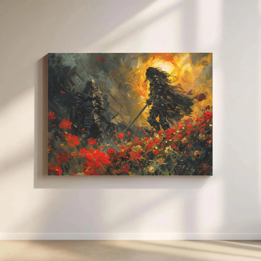 Fantasy Knight Canvas Wall Art | Epic Duel In Fiery Poppy Field | Premium 1.25" Gallery Wrap | Gothic Home Office Decor Gift