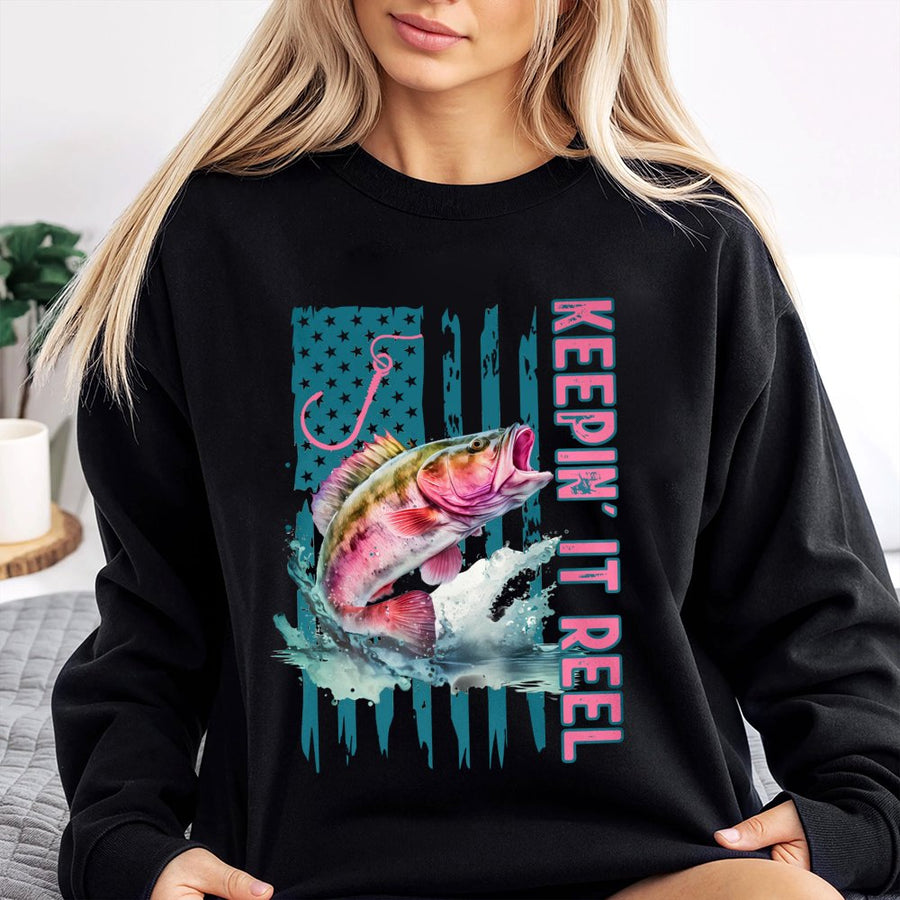 Keepin' It Reel Fishing Sweatshirt | Patriotic Bass Fish Graphic | Premium Cotton-Blend Pullover | Gift for Anglers & Lake Life Enthusiasts