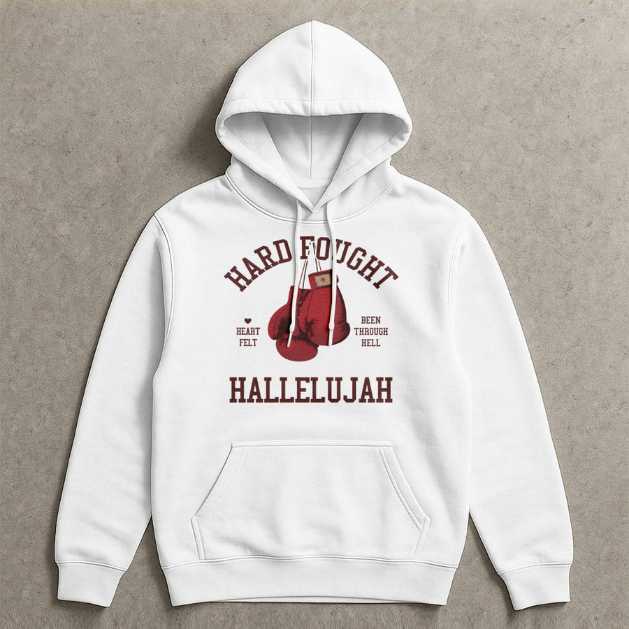 Hard Fought Hallelujah Hoodie | Christian Boxing Graphic Design | Premium Cotton-Blend Sweatshirt | Religious Faith Gift for Men and Women