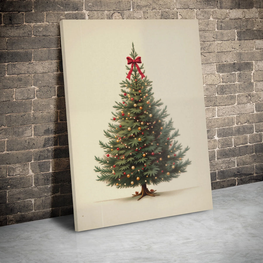 Vintage Christmas Tree Canvas Wall Art | Red Bow Topper Festive Decor | 1.25 Inch Gallery Wrap | Holiday Home Interior Gift