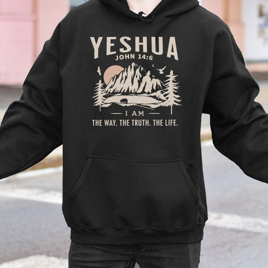 Yeshua John 14:6 Bible Verse Hoodie | Christian Mountain Landscape Graphic | Premium Cotton Blend | Faith-Based Religious Gift for Men and Women