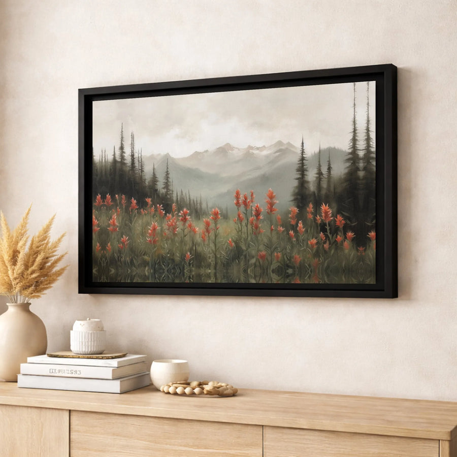 Misty Mountain Landscape Canvas | Red Wildflower Forest Wall Art | Premium Fade-Resistant Print | Serene Nature Decor For Home Or Office