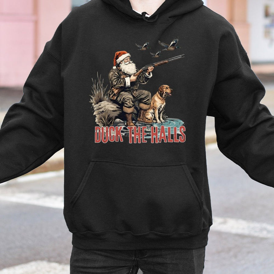 Duck The Halls Hunting Hoodie | Funny Santa Hunter Graphic | Premium Cotton-Blend Pullover | Christmas Gift for Hunters and Outdoorsmen