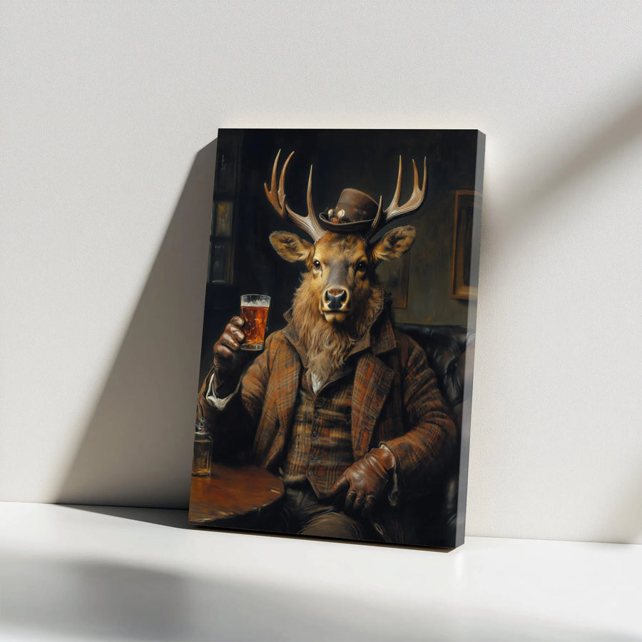 Gentleman Stag Canvas Print | Anthropomorphic Deer Drinking Beer Wall Art | 1.25-Inch Gallery Wrap Decor | Rustic Man Cave Home Gift