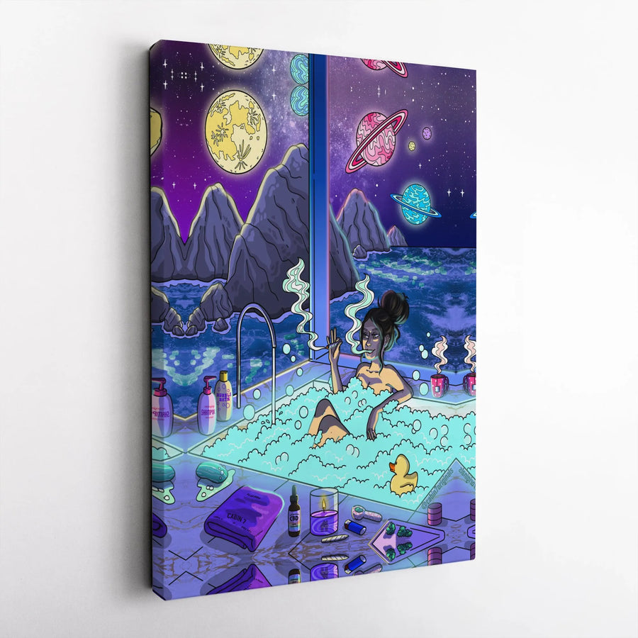 Psychedelic Space Bath Canvas Art | Surreal Cosmic Galaxy Bedroom Decor | Premium 1.25" Gallery Wrap | Trippy Aesthetic Gift for Stoner Room