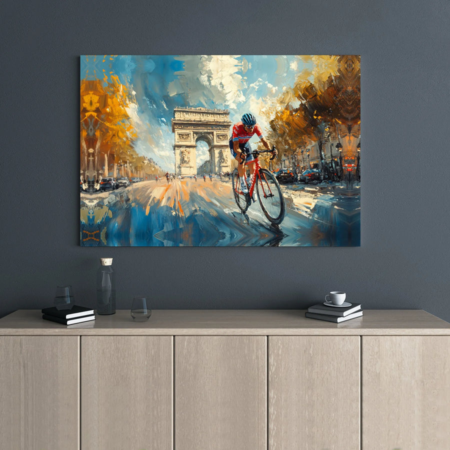 Cyclist Paris Canvas Wall Art | Impressionist Arc De Triomphe Painting | Premium Gallery Wrap Decor | Cycling Gift For Him Home Office