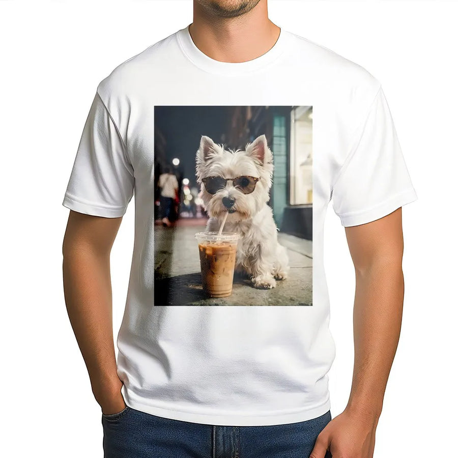 Westie Dog T-Shirt | Dog Wearing Sunglasses Drinking Iced Coffee | Cozy Graphic Pullover | Unisex Gift for Westie Owner