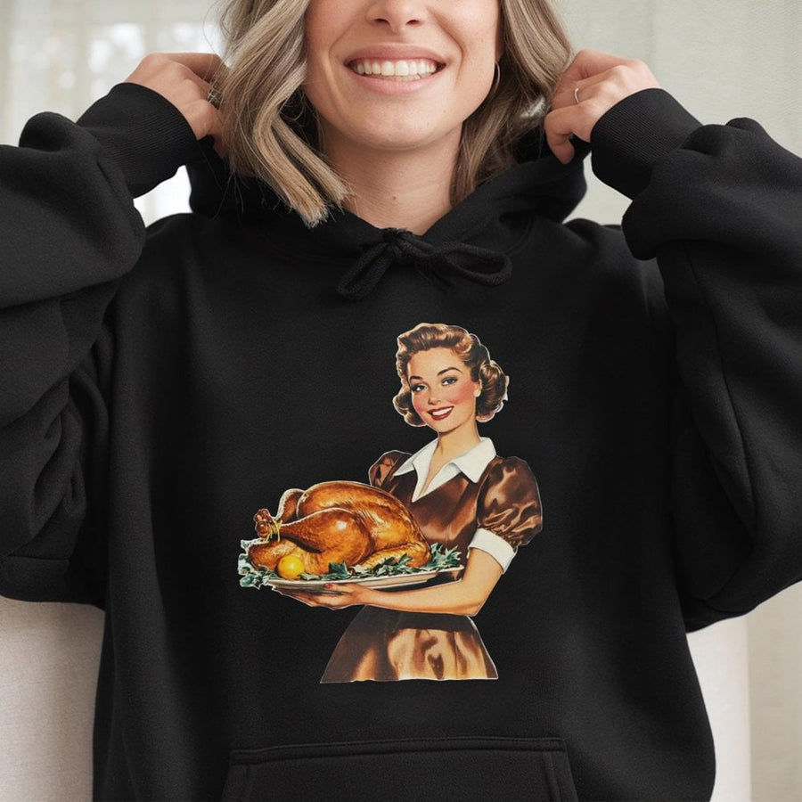 Vintage Thanksgiving Hoodie | 1950s Retro Turkey Dinner Graphic | Soft Cotton-Polyester Blend | Festive Fall Apparel Gift for Women & Men