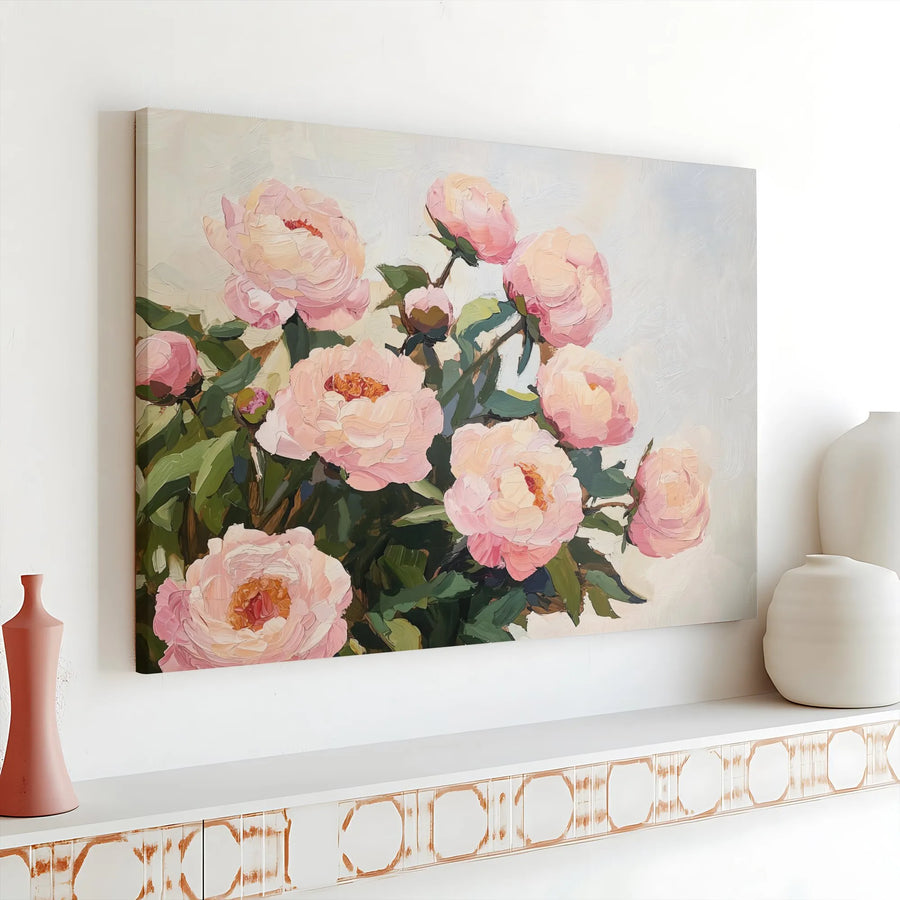 Pink Peony Canvas Wall Art | Textured Floral Impasto Style Print | Thick Gallery Wrap Canvas | Modern Farmhouse Decor Gift