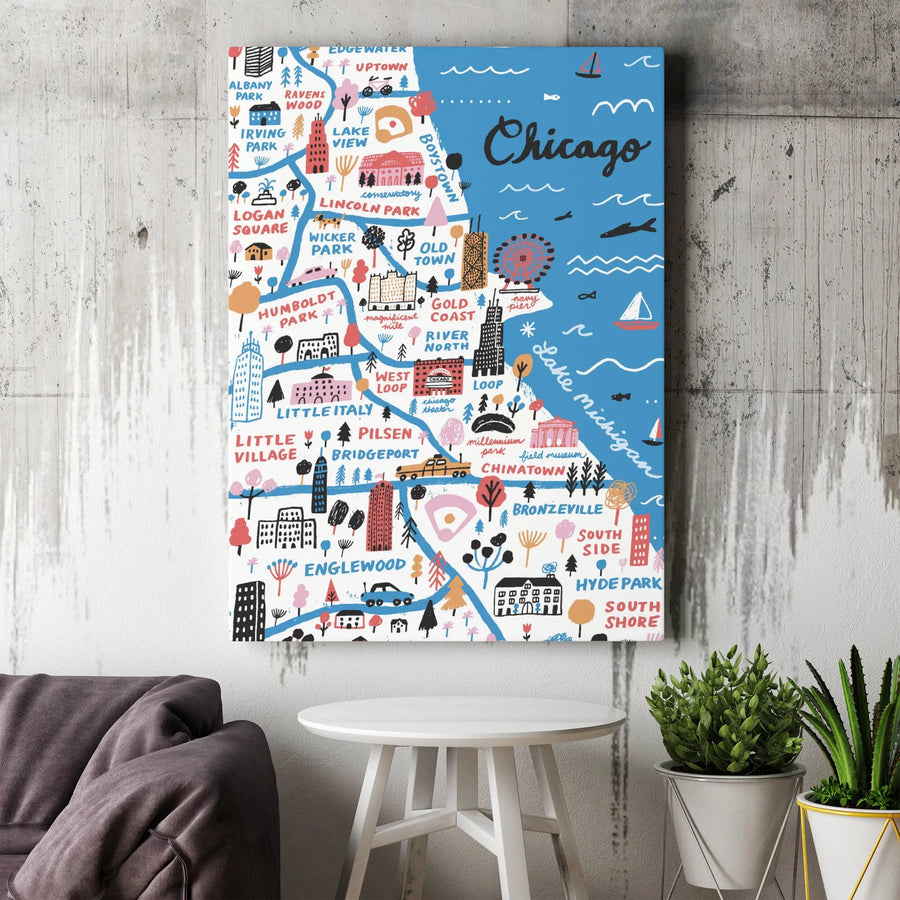 Chicago Map Canvas Print | Illustrated Neighborhoods Wall Art | Premium Thick Gallery Wrap | Collector's Home Decor Gift for Chicagoan