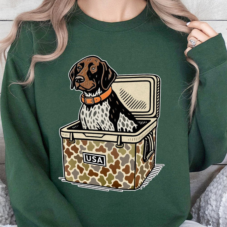 German Shorthaired Pointer Sweatshirt | Hunting Dog in Camo Cooler Graphic | Premium Cotton Blend | Gift for GSP Dog Owners and Hunters