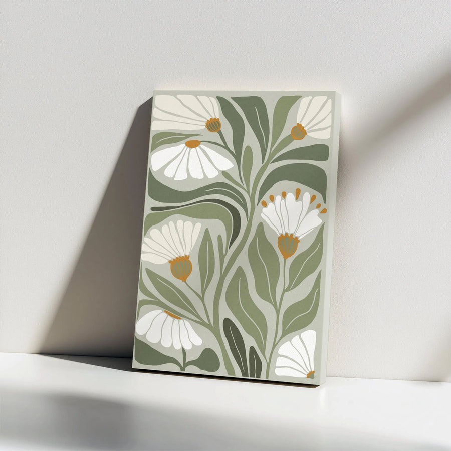 Sage Green Floral Vertical Canvas | Minimalist Daisy Illustration | Premium 1.25" Thick Gallery Wrap | Modern Botanical Boho Home Decor Gift