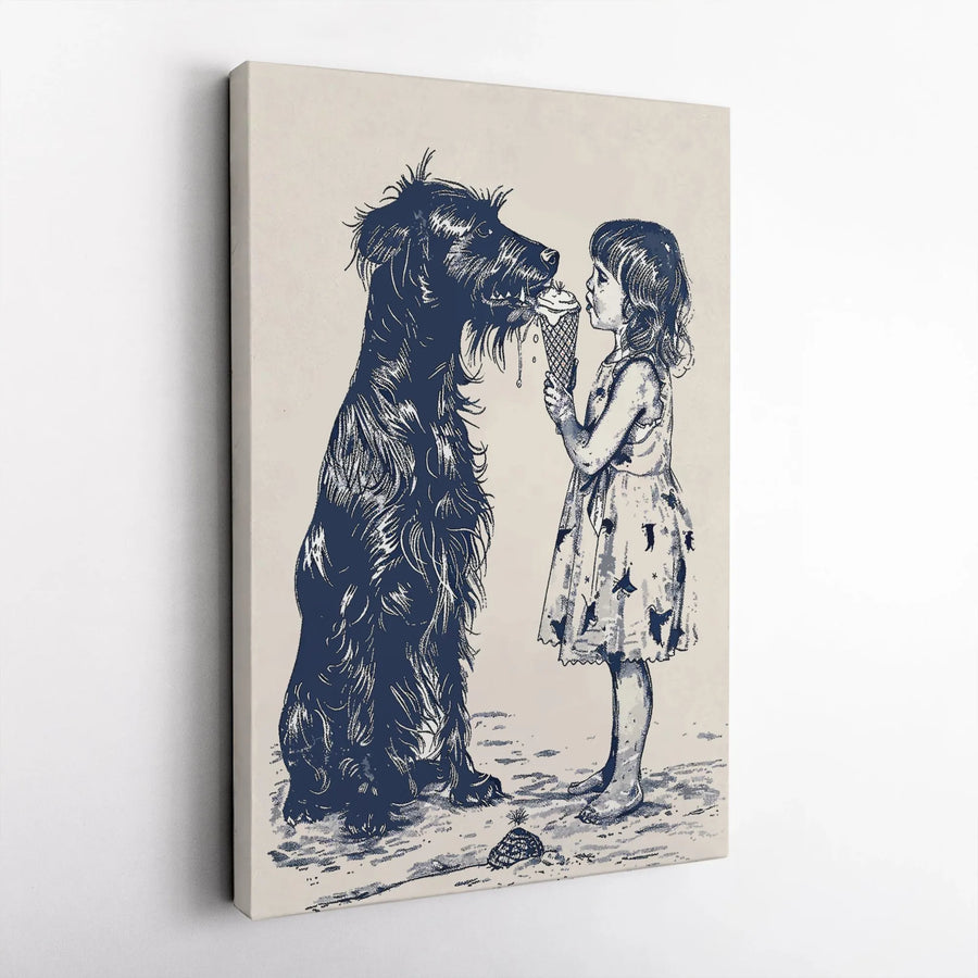Girl And Dog Ice Cream Canvas Print | Vintage Sketch Illustration | Premium 1.25 Inch Gallery Wrap | Heartwarming Wall Art Gift