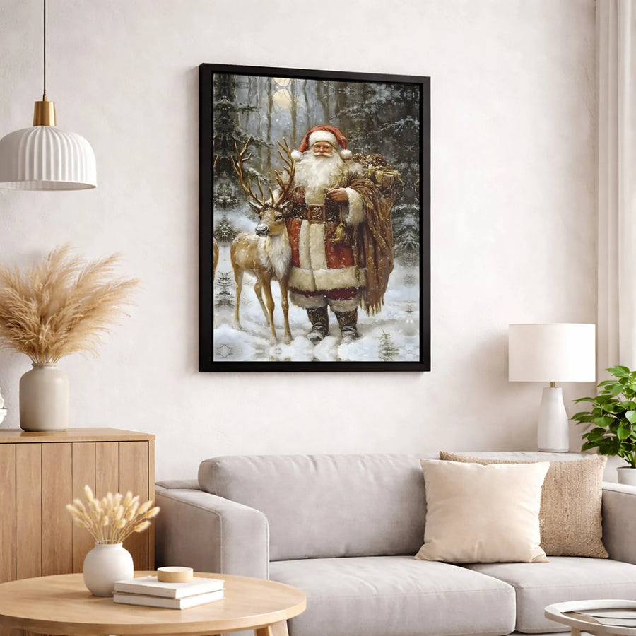 Vintage Santa Claus and Reindeer Canvas | Snowy Forest Winter Scene | Premium Gallery-Wrapped Print | Festive Holiday Wall Decor Gift
