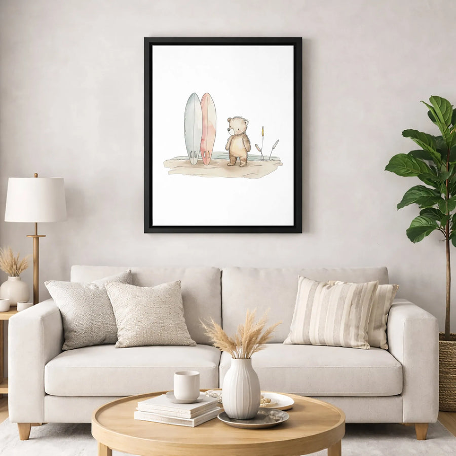 Beach Bear Canvas Wall Art | Watercolor Teddy Bear with Surfboards | Premium Gallery-Wrapped Print | Nursery Decor and Coastal Gift