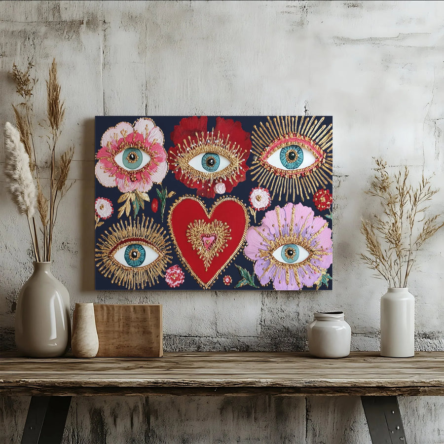 Bohemian Evil Eye Wall Art | Sacred Heart Floral Canvas Print | Gallery Quality Textured Decor | Spiritual Home Office Gift