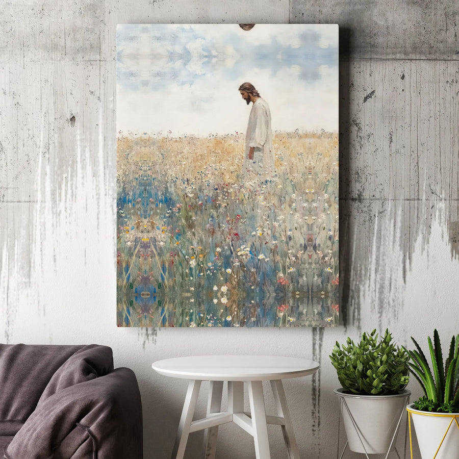 Jesus Walking In Wildflowers Canvas Print | Spiritual Landscape Wall Art | Gallery Wrapped Premium Quality | Christian Home Decor Gift