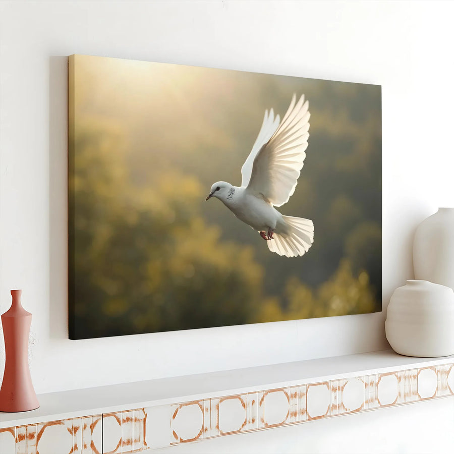 White Dove Canvas Wall Art | Peaceful Bird Flying In Golden Sunlight | Premium Gallery Wrap Print | Serene Nature Home Decor Gift