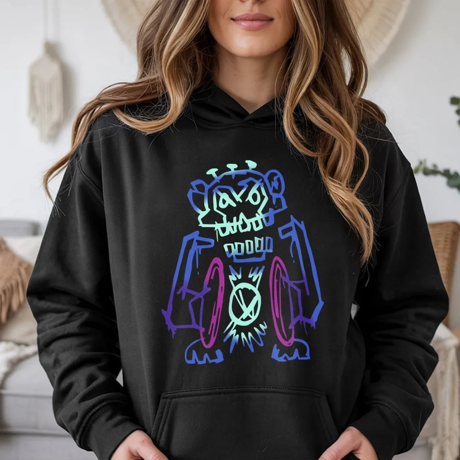 Graffiti Robot Hoodie | Neon Urban Street Art Design | Premium Cotton Blend | Gamer Apparel Gift for Men and Women