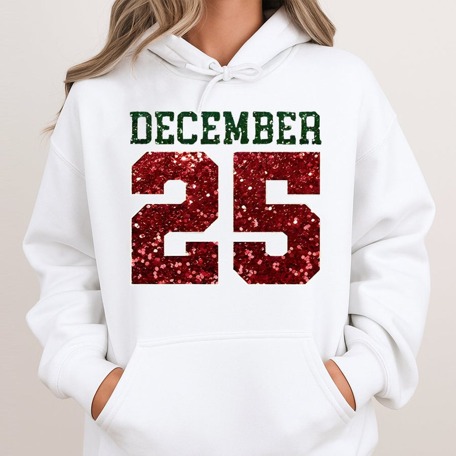 December 25 Hoodie | Glitter Red and Green Christmas Design | Premium Cotton-Blend Pullover | Festive Holiday Gift for Men and Women