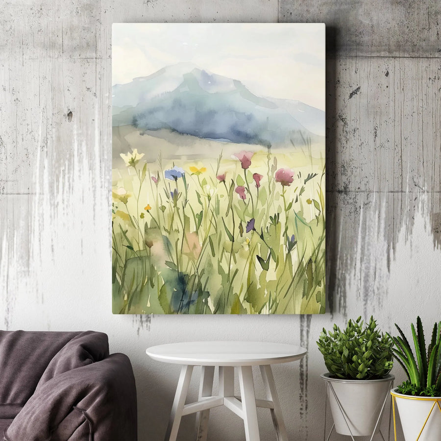 Watercolor Mountain Landscape Canvas | Wildflower Field Wall Art | 1.25-Inch Premium Gallery Wrap | Nature-Inspired Home Decor Gift