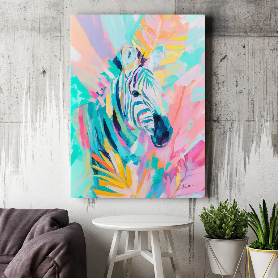 Abstract Zebra Canvas Art | Vibrant Tropical Leaf Print | Premium Gallery-Wrapped 1.25" Profile | Modern Animal Wall Decor for Living Room