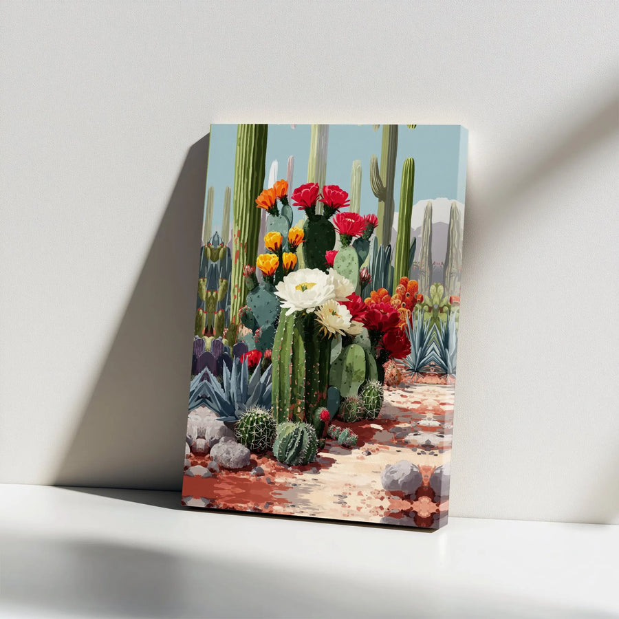 Cactus Wall Art Canvas Print | Vibrant Blooming Desert Garden Illustration | Premium Gallery Wrapped Canvas | Southwestern Home Decor Gift
