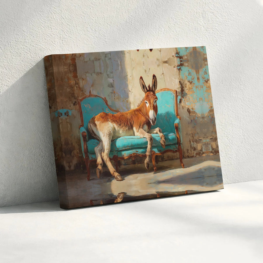 Funny Donkey Canvas Wall Art | Animal Lounging on French Sofa Painting | Premium Gallery Wrap Canvas | Eclectic Farmhouse Decor Gift