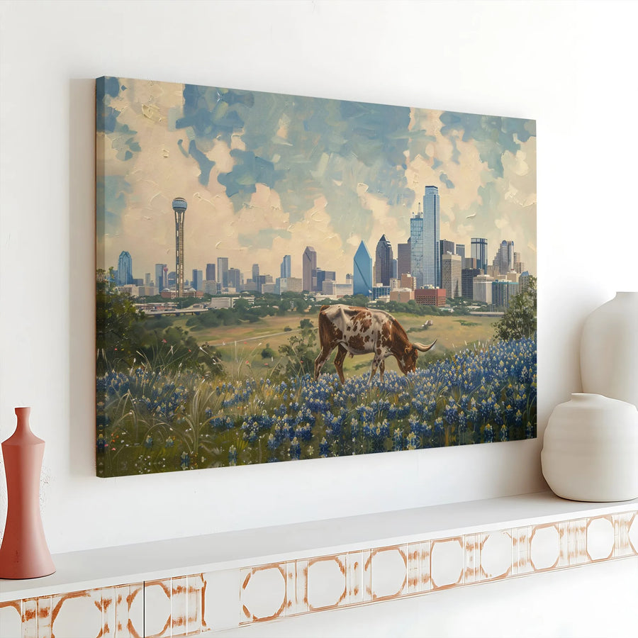 Dallas Skyline Canvas Print | Texas Longhorn In Bluebonnets | Premium Gallery Wrapped Wall Art | Large Texas Home Decor For Living Room