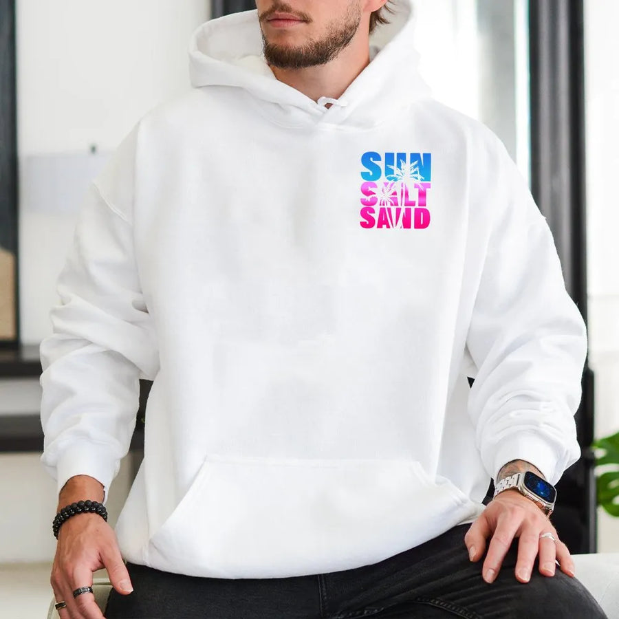 Sun Salt Sand Hoodie | Minimalist Palm Tree Beach Graphic | Cozy Cotton Blend Pullover | Premium Gift for Surfer or Beach Lover