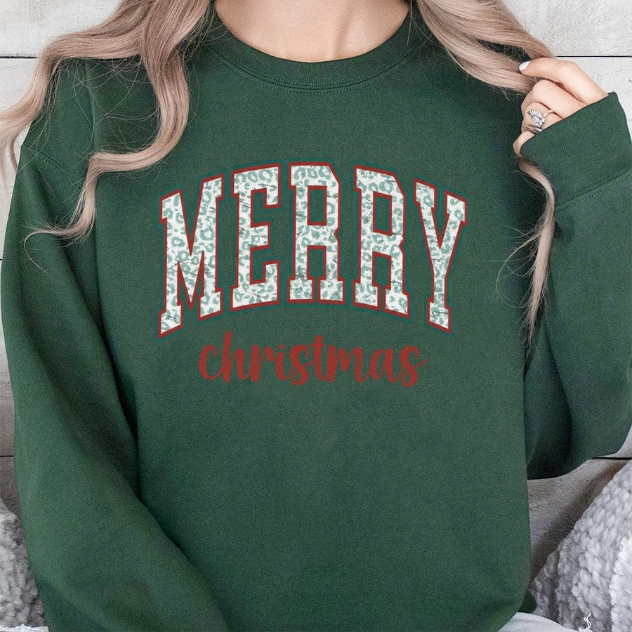 Merry Christmas Sweatshirt | Retro Leopard Print Holiday Graphic | Premium Cotton Blend Crewneck | Unisex Festive Winter Gift For Her