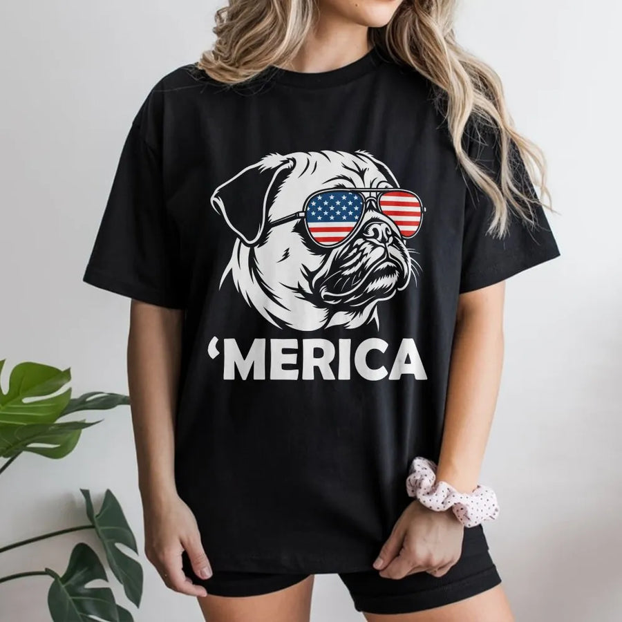 Funny Merica Pug T-Shirt | Pug with American Flag Sunglasses | Cozy Unisex Pullover | Gift for Pug Owner